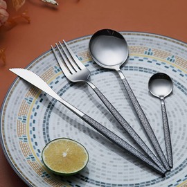 Kyraton Cutlery Set 24 Pieces with Moon Surface Black Handle and Shiny Mouth,Stainless Steel Modern Cutlery Set Utensils Set,Dishwasher Safe, Tableware Set Service for 6 People.