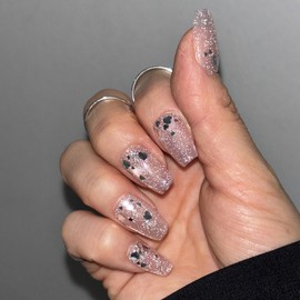 Heart Glitter Nail Tips Ussu Silver Glass Bead Magnet, Paddy Tip - 1. Oval-Short / 하트 글리터 네일팁 우수수 실버 유리알 마그넷, 패디팁 - 1. 오발-숏