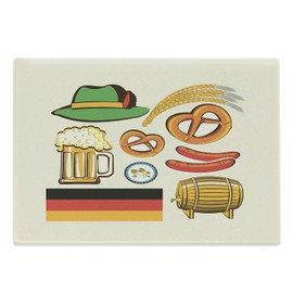 Ambesonne German Cutting Board, Oktoberfest Wheat Sausage Beer and Pretzels Colorful Bavarian Arrangement, Decorative Tempered Glass Cutting and Serving Board, Large Size, Multicolor