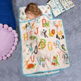 Alphabet Animals Toddler Naptime Blanket with Attached Removable Pillow, 44”x20” Kids Super Soft Rest Nap Mat, Rollup and Close with Straps & Carry Handle for Preschool, Daycare and Sleepovers