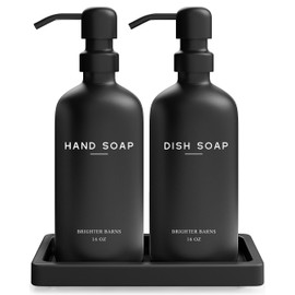 Black Glass Kitchen Soap Dispenser Set with Tray by Brighter Barns - Hand and Dish Soap Dispenser for Kitchen, Home, or Vacation Rental - Modern Black Kitchen Decor (Black)