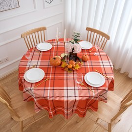 VEDACHIC Thanksgiving Orange Plaid 60 Inches Round Tablecloth - 60" Fall/Autumn Harvest Buffalo Plaid Polyester Table Cover Reusable Water Resistant for Farmhouse Outdoor Holiday Party Picnic Décor