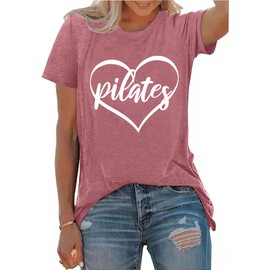 PECHAR Pilates Shirts for Women - Yoga Workout Graphic Heart Tees Sports Lover Tops Pilates Teacher Gifts Blouse T-Shirts Pink