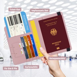 HCFGS Passport Cover, Vaccination Certificate Case, Faux Leather Passport Cover with RFID Blocker, Portable Passport Bag for Women and Men, Passport, Credit Cards, ID and Travel Documents, pink,