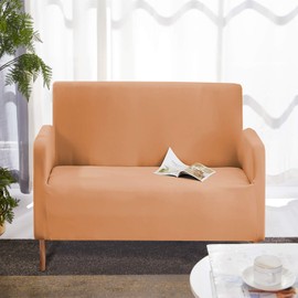Weddecor Spandex Sofa Cover for Living Room Polyester Stretch Sofa Cover Furniture Protector with Elastic Bottom Soft Non-Slip 2 Seater Sofa Cover for Loveseat Sofa Light Brown