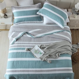 SahSahCasa Quilt King Size, King Quilt Set, 100% Cotton King Quilt Bedding Set Bedspreads, Lightweight Reversible Striped Quilts Bedspread for King Bed, for All Season, Grayish Green, 3 Pieces