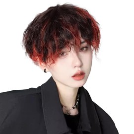 Hawkko Wig, Men's Short Wig, Full Wig, Gradient Curl, Men's Wig, Inner Color, Men's Wig, Black, Black Hair, Wave, Wig, Curly Hair, Harajuku, Short Hair, Wig, Handsome, Men's, Natural, Small Face, Heat