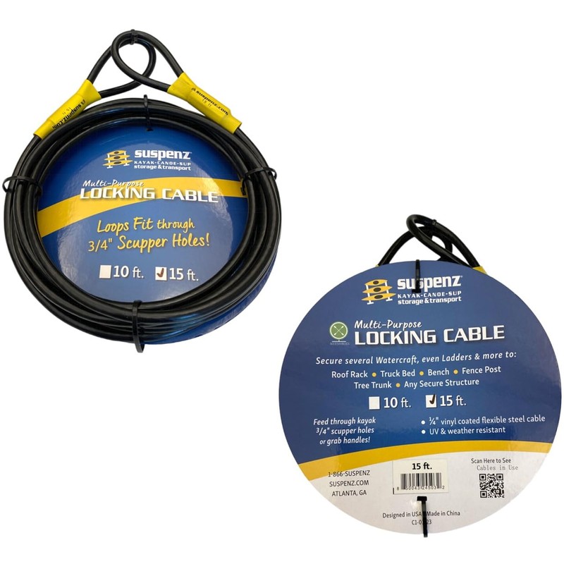 Suspenz Kayak Multi-Purpose Locking Cable, 15 Ft Long Flexible Steel,