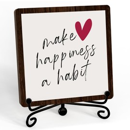 Inspirational Office Wooden Sign With Stand, Make Happiness A Habits Desktop Decoration, Positive Gifts For Women Men Friends Colleagues, Rustic Home Office Desk Decor -17