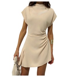 MakeMeChic Women's Mock Neck Mini Dress Asymmetrical Cap Short Sleeve Work Office Dresses Beige Large