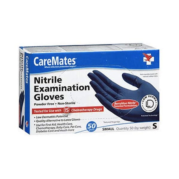 CareMates Nitrile Medical Exam Gloves, Latex Free Rubber, Powder Free, Extra Strong, 4 Mil Thick, Certified for Home Infusion, First Aid, Food Safe, Cleaning Gloves, Small, 50-Pack