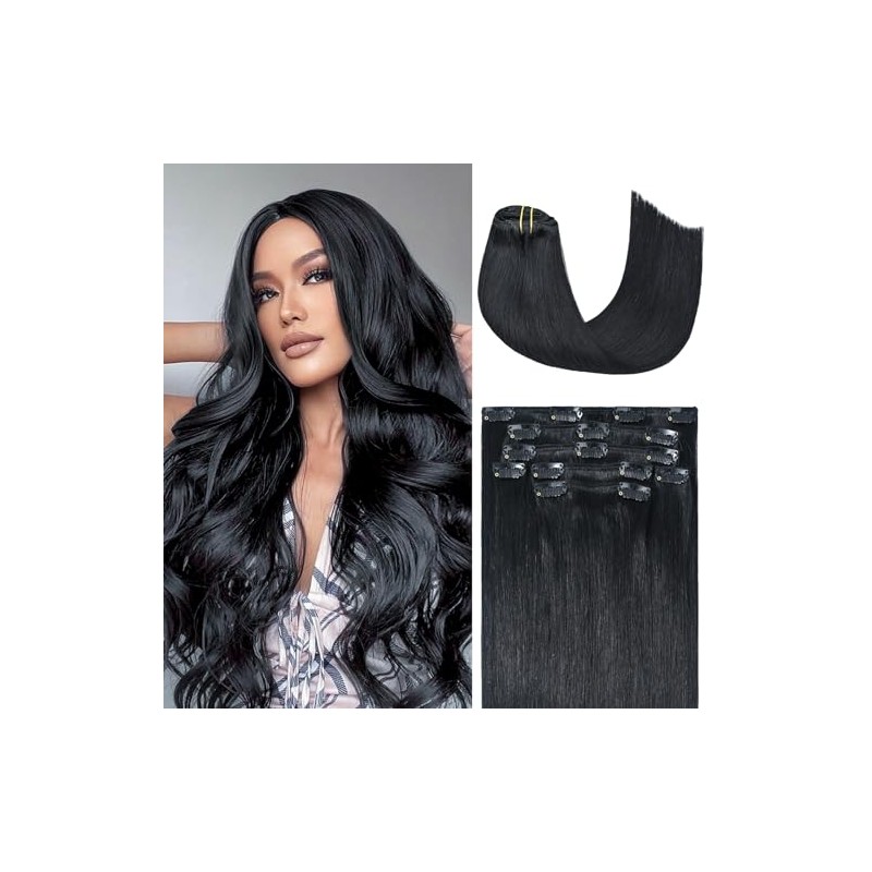 Honsoo Extensiones de Cabello Humano con Clip Negro Azabache 70g