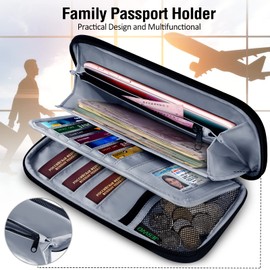 LUROON Passport Holder Travel Wallet, Family Passport Wallet RFID Blocking Waterproof Travel Document Organiser for Credit Cards ID Card Flight Tickets Money Coins Phone Keys (Black 01)
