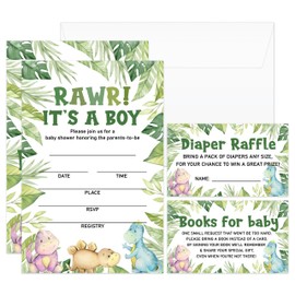 CIAEXRN Rawr It's A Boy Baby Shower Invitations - 25 Cute Dinosaurs Greenery Invites with Envelopes, Diaper Raffle Tickets, Book Request Cards, Party Decorations Supplies Favors -10