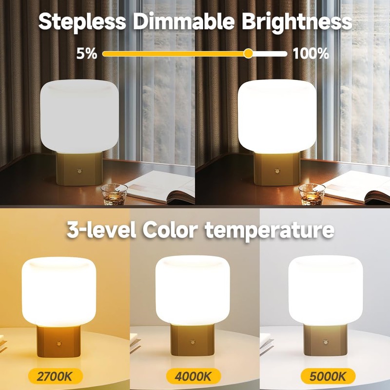 KNYELYNS Mushroom Lamp, Cordless Rechargeable Table Lamp with Glass Shade,