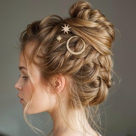 Caiguoer 3Pcs Gold/Silver Moon Star Hair Clip Set Hair Bridal Hair Accessories Snowflake Crystal Headpiece Wedding Hair Pins for Women and Girls (Gold)