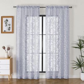 OVZME Light Grey Sheer Curtains 84 inches Long 2 Panels for Living Room, Jacquard Clip Leaf Pattern Textured Light Filtering Window Semi Sheer Voile Drapes for Bedroom, Each Panel 42 x 84 Inch