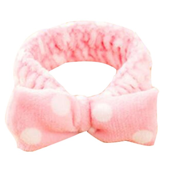 Tree Star Lovely Women Elastic Head Band Dots Flannel Bow Hair Wrap Towel Wash Face Make-Up Headband 1 (Pink)