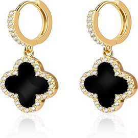 YQkangzhu Gold Clover Dangle Earrings for Women, 14K Gold Plated Small Huggie Hoop Drop Dangle Earrings, Stylish Four-leaf Clover Earrings, Good Luck Charms Sparkling Earrings for Girls Jewelry Gifts (Black)