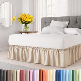 Wrap Around Dust Ruffle Bed Skirt - Cream - for King Size Beds with 12 Inch Drop - Easy Fit Elastic Strap - Adjustable Pleated Bedskirt w/Brushed Fabric - Wrinkle Free - for Women, Men, Kids & Teens