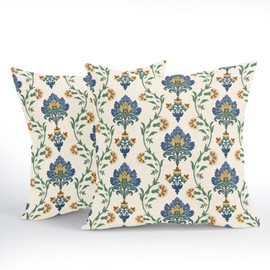 ABSOP Outdoor Pillow Covers 18x18 Inch Set of 2 Vintage Blue Floral Decorative Throw Pillows Farmhouse Boho Rustic Flower Pillowcases Cotton Linen Cushion Covers for Sofa Couch Bed Chinoiserie Decor