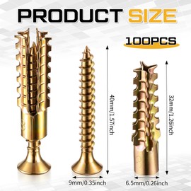 Moxweyeni 100 Pack 6 x 32 mm Hollow Wall Anchors with Screws, Gold