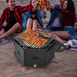 HAPPYGRILL Portable Charcoal Grill Stove, Outdoor Hibachi Grill Smoker w/ 360° Rotatable Grill, Foldable Body & Legs, Heavy-duty BBQ Grill w/Handles for Cooking & Heating