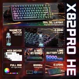 ATTACK SHARK X82 PRO HE Wireless Rapid Trigger RGB Mechanical Gaming Keyboard with Adjustable Actuation,2.4G/Wired/BT,8K Polling Rate,Hall Effect Magnetic Switch,5000mAh Battery for FPS(Black Contour)