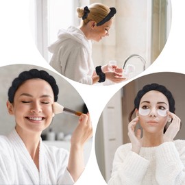 WD&CD Headband, Women's Spa Hair Band, Make Up Headband, Wrist Wash Band Set for Skin Care, Facial Cleansing, Shower, Black