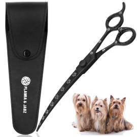Professional Dog Grooming Scissors/Shears, Curved, with Paw Prints for Dogs, Cats & Pets (Right Handed, Black, Stainless Steel 8 Inch)