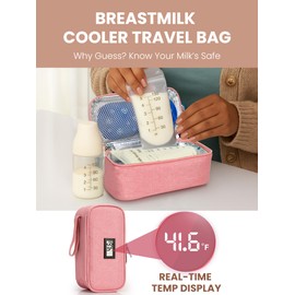 WIBOND Breast Milk Cooler Travel Bag, Real-Time Temperature Display, Holds 4-6 Breastmilk Storage Bag with 2 Breast Milk Ice Pack, Cooling & Waterproof Portable Cooler for Moms on The Go(Pink)
