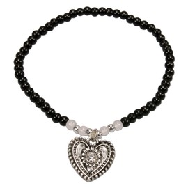Alpenflüstern DAB055 Filigree Pearl Costume Bracelet Traditional Heart – Women's Costume Jewellery with Antique Silver-Coloured Traditional Heart Elastic Costume Bracelet in Black and Cream White, 30%