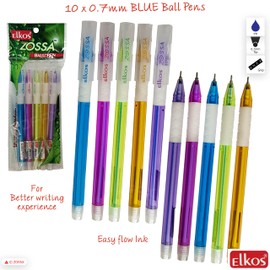 ELKOS BLUE Ballpoint Pens, 0.7mm Fine Point, Pack of 10, Zossa Ball Pens, Smooth Ink Flow, Perfect School Office Home Pens, ZOFAX Black Ball Pen