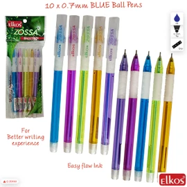 ELKOS BLUE Ballpoint Pens, 0.7mm Fine Point, Pack of 10, Zossa Ball Pens, Smooth Ink Flow, Perfect School Office Home Pens, ZOFAX Black Ball Pen