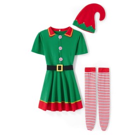 Muimray Christmas Elf Costume for Toddler Baby Boys Girls Santa's Helper Costume Outfit Xmas Clothes Top +Pants + Hat Cosplay Outfit (Girl, 4-5T)