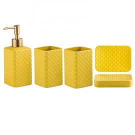 Jessie Bathroom Accessories Set, 3 or 4-Piece Ceramic Bathroom Accessory Set,Soap Dispenser,Toothbrush Holders Set,Tumbler,Soap Dish Embossed Matte Bathroom for Modern Bathrooms (Yellow 4-Piece Suit)