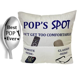 Pop Gifts Dad Grandpa Gifts, 2-Pocket 2-Sided Pop Pillow Covers 18x18 Inch and Pop Ever Engraved Spoon, Fathers Day Birthday Christmas Stocking Stuffers Thanksgiving Day Gifts