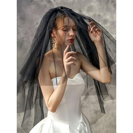 AOREAS Black Lace Veil Bridal Wedding Veils Creative Cathedral Tulle Sheer Wedding Veil With for Brides Bachelorette Hen Party (Black Silver)