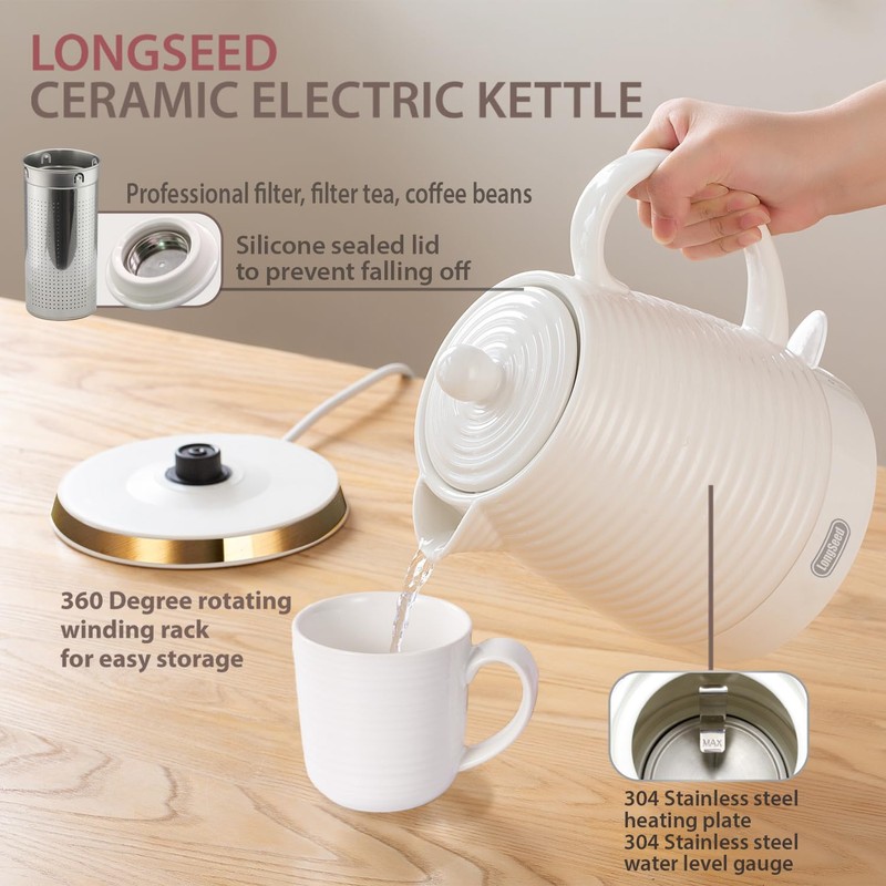1.26 Quarts Ceramic Electric Kettle with Infuser & Cups Kit,