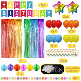ZERODECO Multicoloured Birthday Decorations, Rainbow Fringe Background, Happy Birthday Banner, Honeycomb Balls, Pompoms, Foil Balloons for Colourful Birthday Party Decorations