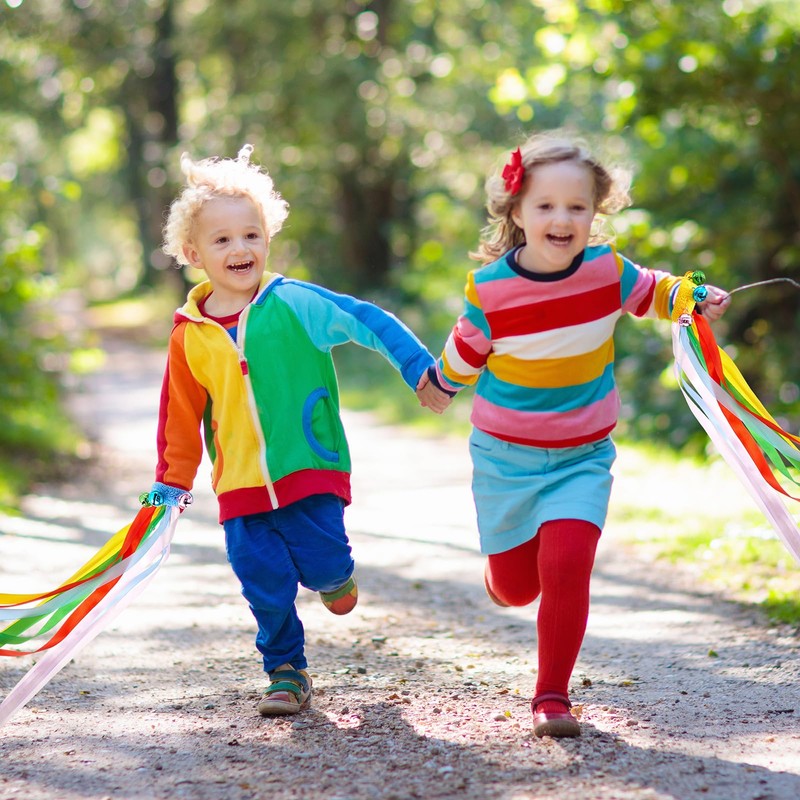 12 Pcs Rainbow Dance Ribbons for Kids with Bells Elastic