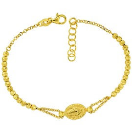 Sterling Silver Miraculous Medal Bracelet Virgin Mary Diamond Cut Beads Gold Finish Italy