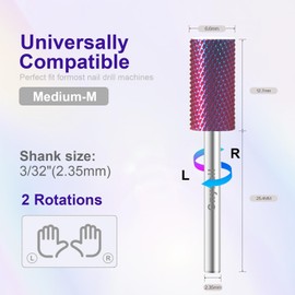 Cnynail 3/32" Large Barrel Bit Tungsten Carbide Nail Drill Bit Safety Bit for Gel & Acrylic Removal, 2- Way Rotating Efile Tip, Salon Electric File Accessory (M Girt, Purple)