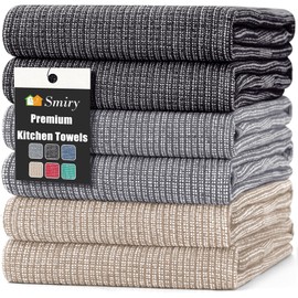 smiry Premium Kitchen Towels(18"x 28", 6 Pack), Large Cotton Dish Cloths Set, Flat & Terry Towel Highly Absorbent Tea Towels with Hanging Loop, Grey/Khaki/Black
