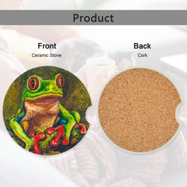 Cute Tree Frog Green Wild Animal Car Coasters,Ceramic Absorbent Cup Holders with Finger Notch & Cork Base Car Assecories for Women/Men 2.6"(2 Pieces)