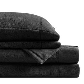 True North by Sleep Philosophy Micro Fleece Bed Sheet Set, Warm, Sheets with 14" Deep Pocket, for Cold Season Cozy Sheet-Set, Matching Pillow Case, Cal King, Black, 4 Piece