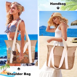 Keyck Beach Bag Women's Beach Tote Bag with Zip, Large Waterproof Mesh Swimming Bag, Family Foldable Sauna Bag, Handbag, Large Shoulder Bag for Beach, Travel, Pool, Holiday, khaki