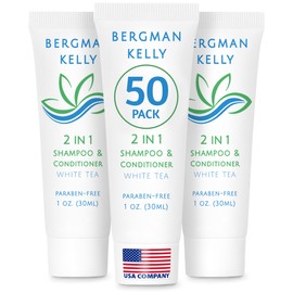 Bergman Kelly - Travel Size 2 in 1 Shampoo & Conditioner - 1 fl oz, 50 PK, White Tea - Delight Your Guests w/Revitalizing & Refreshing Shampoo Amenities - Quality Small Size Hotel Toiletries in Bulk