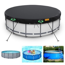 HIGHTQURO 15Ft Round Pool Cover,Heavy Duty Waterproof Round Pool Covers for Above Ground Pools with Ground Nails and Windproof Ropes,Increase Stability&Tear-Resistant, Waterproof and Dustproof, Black