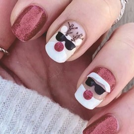 Christmas Press on Nails Short Square Fake Nails with Red Glitter Design Santa Claus Glue on Nails Elk Reindeer Stick on Nails Glossy Reusable Winter Xmas False Nails for Women Girls Manicure 24pcs